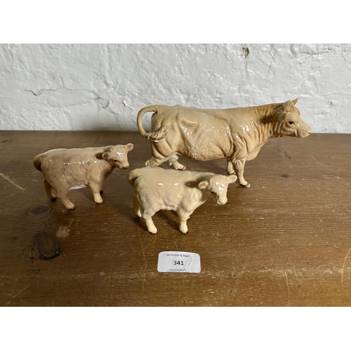 341 - Three Beswick Charolais Cattle figurines, Cow no. 3705A and two Calves no. 1827B