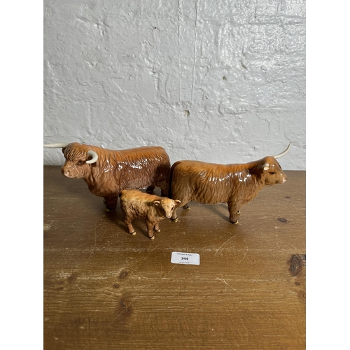 344 - Three Beswick Highland Cattle figurines, Bull no. 2008, Cow no. 1740 and Calf no. 1827