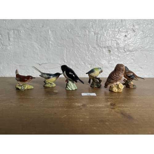 368 - Six Beswick bird figurines to include Chaffinch, Stonechat, Blue Tit, Wren etc.