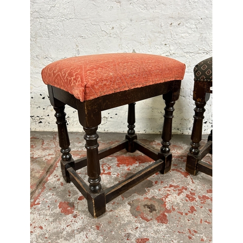 111 - A pair of oak and fabric upholstered pub stools