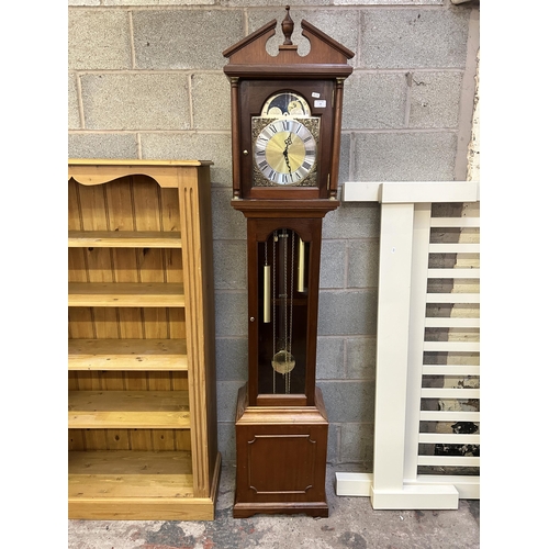14 - A Georgian style mahogany cased grandfather clock with brass pendulum and weights - approx. 197cm hi... 