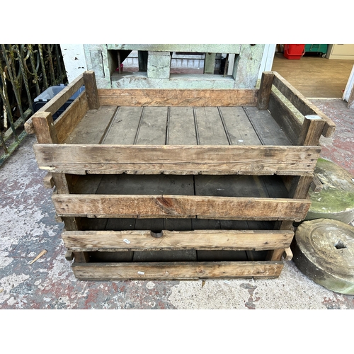 150 - Four early 20th century pine potato chitting trays - approx. 17cm high x 55cm wide x 83cm long