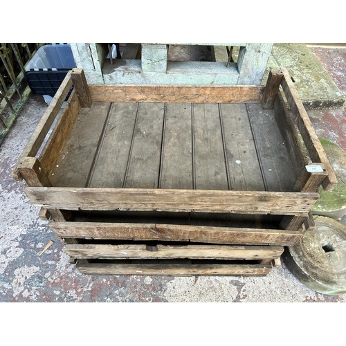 150 - Four early 20th century pine potato chitting trays - approx. 17cm high x 55cm wide x 83cm long