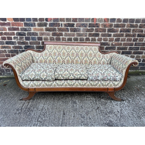 156 - A 19th century style carved mahogany and floral fabric upholstered three seater sofa - approx. 84cm ... 