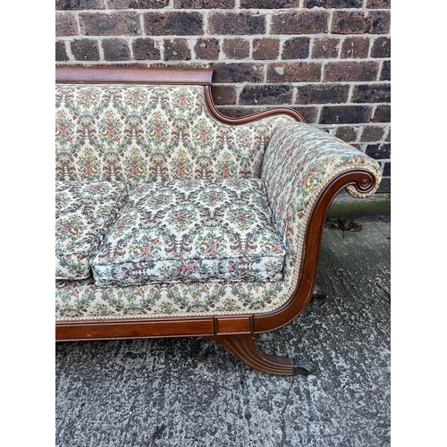 156 - A 19th century style carved mahogany and floral fabric upholstered three seater sofa - approx. 84cm ... 