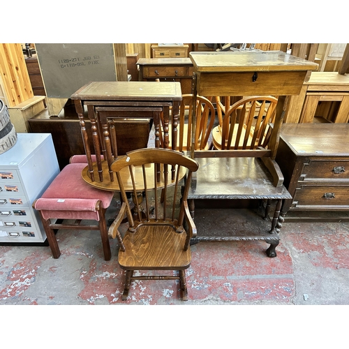 165 - Six pieces of house clearance furniture to include, beech child's rocking chair, yew wood oval pedes... 