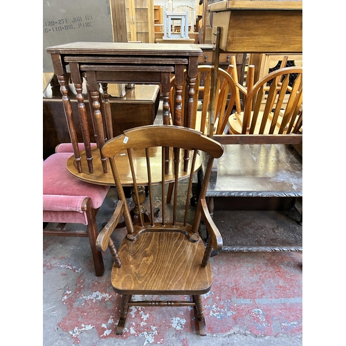 165 - Six pieces of house clearance furniture to include, beech child's rocking chair, yew wood oval pedes... 