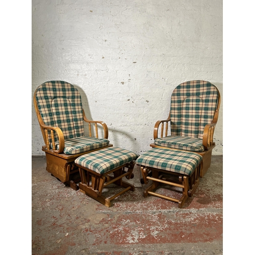 17 - A pair of late 20th century beech rocking chairs and footstools