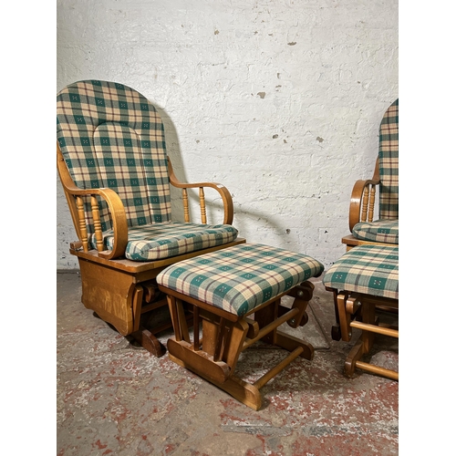 17 - A pair of late 20th century beech rocking chairs and footstools