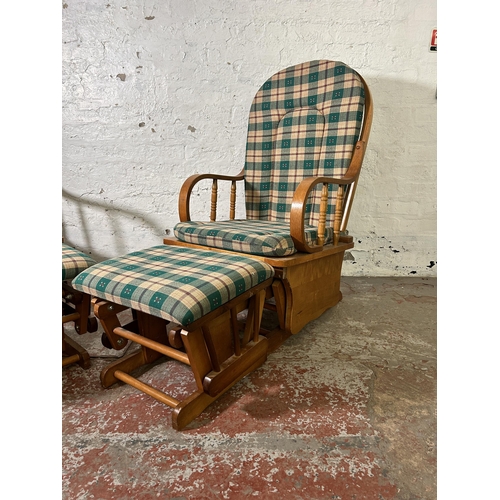 17 - A pair of late 20th century beech rocking chairs and footstools