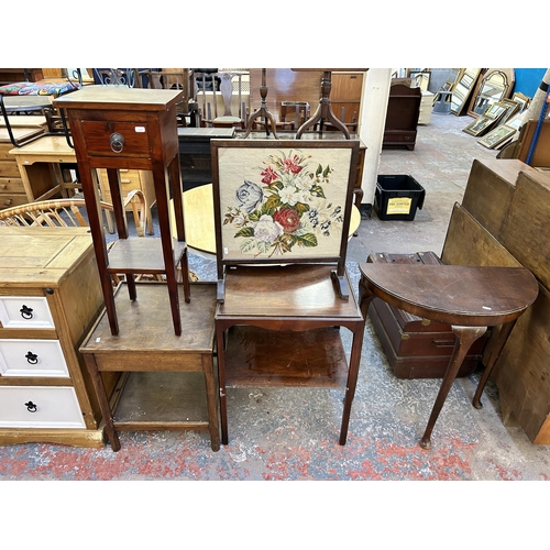 179 - Five pieces of occasional furniture, modern mahogany plant stand, early/mid 20th century oak framed ... 