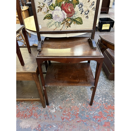 179 - Five pieces of occasional furniture, modern mahogany plant stand, early/mid 20th century oak framed ... 