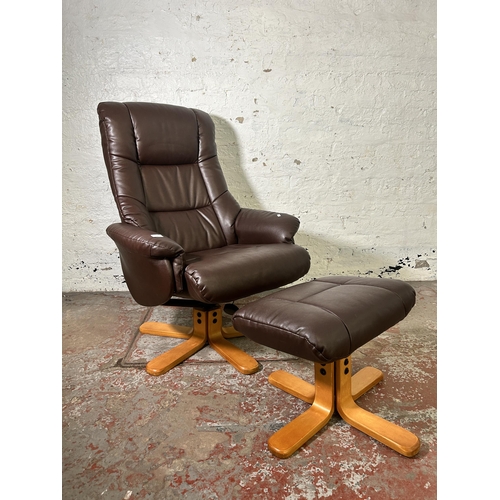 20 - A Global Furniture Alliance Ltd. brown leather and bentwood swivel recliner armchair