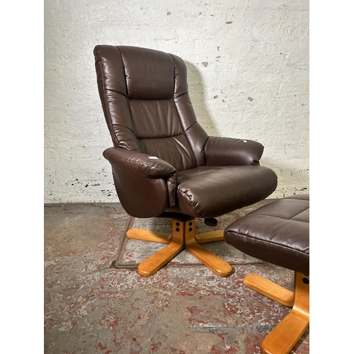 20 - A Global Furniture Alliance Ltd. brown leather and bentwood swivel recliner armchair