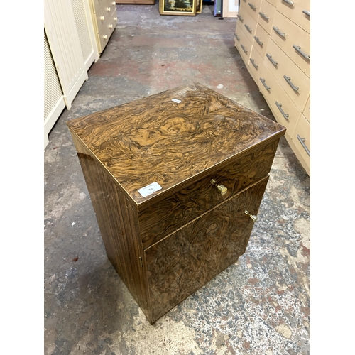 56 - A mid 20th century burr walnut effect melamine bedside cabinet - approx. 59cm high x 40cm wide x 33c... 