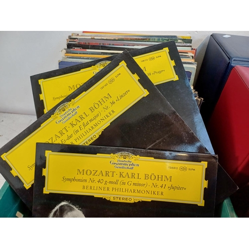 782 - Three record cases and a box containing vinyl records to include Mozart (Karl Böhm - Deutsche Grammo... 