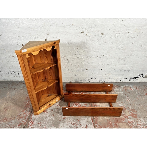 193 - Four pieces of pine furniture, three wall mountable shelves - approx. 66cm wide and one wall mountab... 