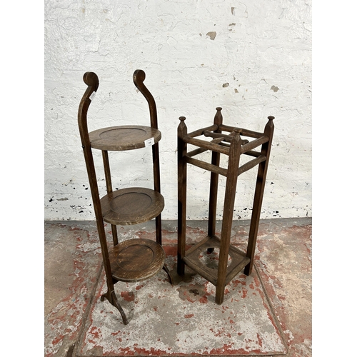 208 - Two pieces of early 20th century oak furniture, one three tier folding cake stand and one four secti... 