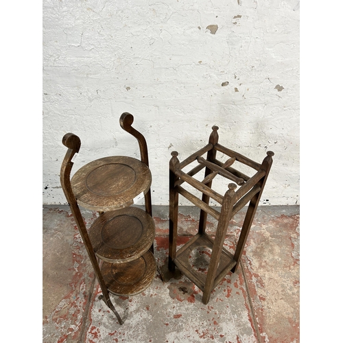 208 - Two pieces of early 20th century oak furniture, one three tier folding cake stand and one four secti... 