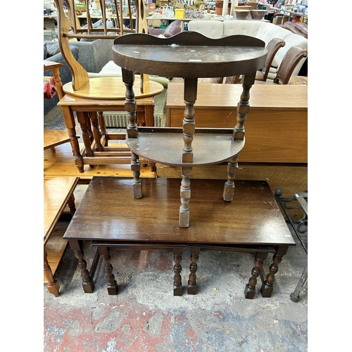 231 - Two pieces of oak furniture, one half moon two tier console table and one nest of tables