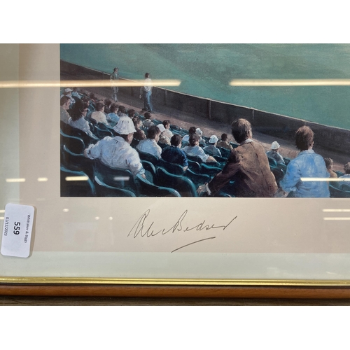 559 - A collection of cricket memorabilia to include framed pencil signed print by Alan Fearnley, Surrey c... 