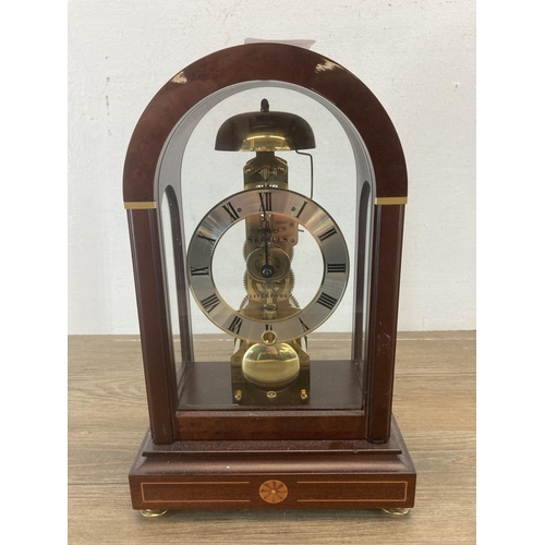 615 - A Sewills inlaid mahogany and burr walnut mantel clock with pendulum - approx. 30cm high