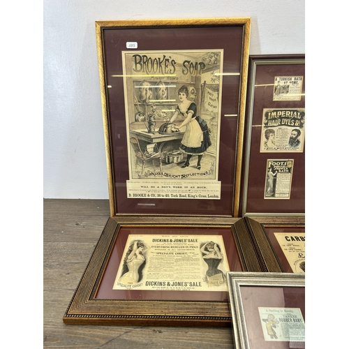 674 - A collection of framed reproduction advertising prints to include Dickins & Jones', Imperial Hair Dy... 