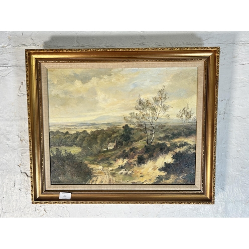 261 - A mid 20th century gilt framed oil on canvas of a landscape scene signed D. Haworth - approx. 51cm h... 