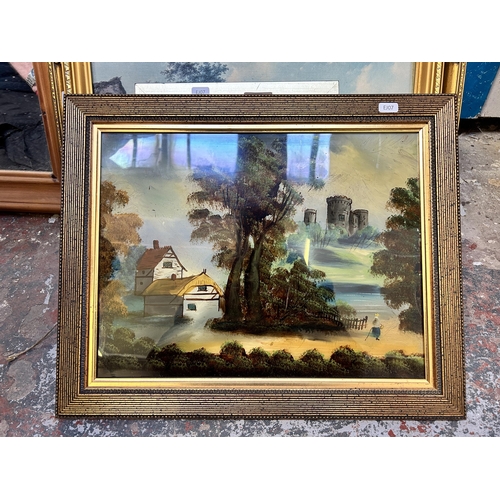 268 - A collection of framed pictures to include late 19th century original painting on glass, Tom Pollock... 