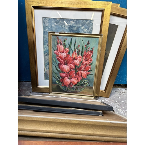 268 - A collection of framed pictures to include late 19th century original painting on glass, Tom Pollock... 