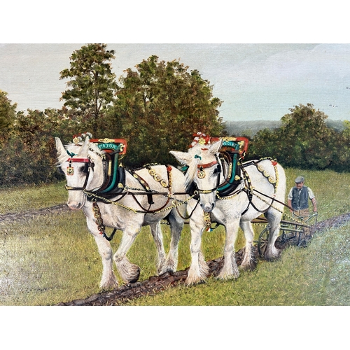 269 - A 20th century mahogany framed oil on board of a horse ploughing scene - approx. 62cm high x 80cm wi... 