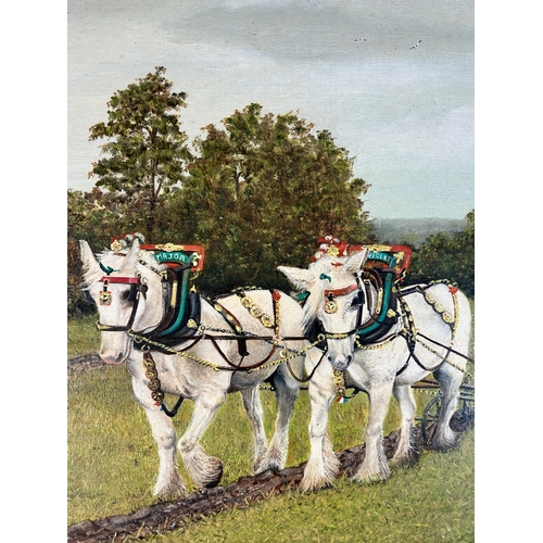 269 - A 20th century mahogany framed oil on board of a horse ploughing scene - approx. 62cm high x 80cm wi... 