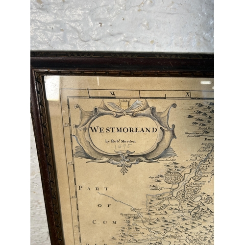 277 - Three framed map prints to include Westmorland by Robert Morden - approx. 45cm high x 49cm wide etc.