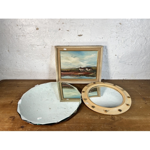 280 - Three mid 20th century items, one A. Grimshaw oil on board and two wall hanging mirrors