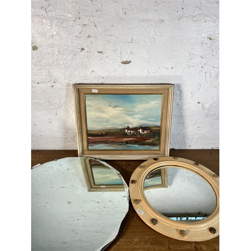 280 - Three mid 20th century items, one A. Grimshaw oil on board and two wall hanging mirrors