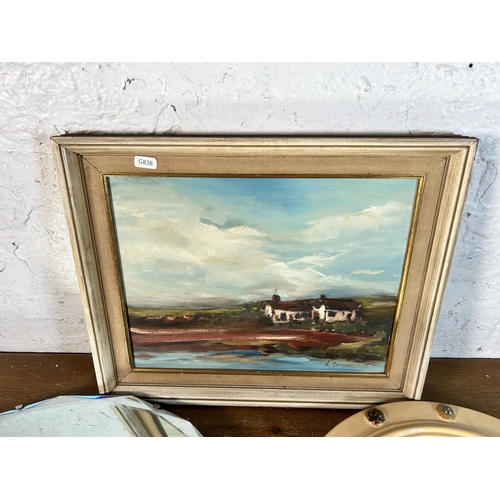 280 - Three mid 20th century items, one A. Grimshaw oil on board and two wall hanging mirrors