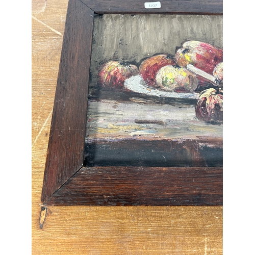 285 - A 20th century oak framed still life oil on canvas of a fruit scene - approx. 33cm high x 46cm wide