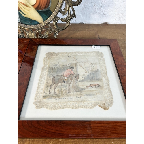 288 - Three framed pictures, two hunting scene watercolours on embroidered silk - approx. 28cm high x 28cm... 