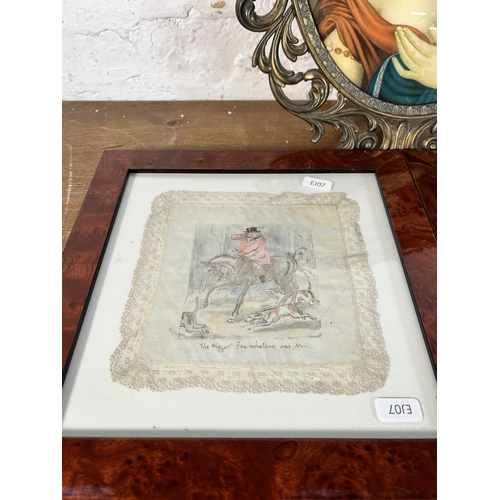 288 - Three framed pictures, two hunting scene watercolours on embroidered silk - approx. 28cm high x 28cm... 