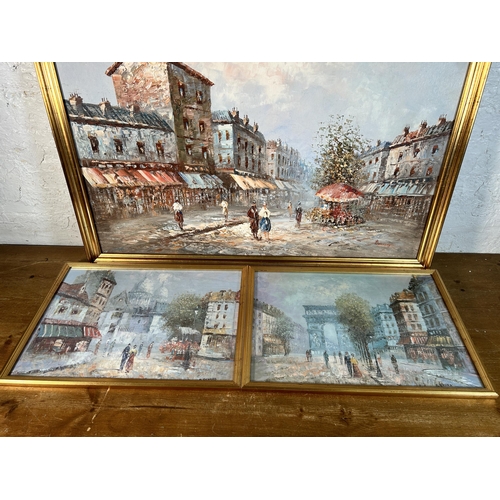 290 - Three gilt framed Parisian scene pictures, two Paul Renard prints - approx. 38cm high x 53cm wide an... 