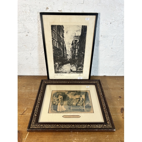 291 - Two antique framed prints, one French etching - approx. 50cm high x 35cm wide and one The First Quar... 