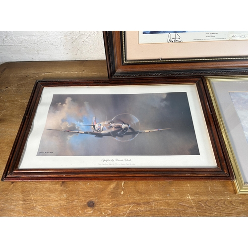 299 - Three framed Spitfire prints, one Kevin Walsh, one Barrie A. F. Clark and one Robert Taylor Duel of ... 