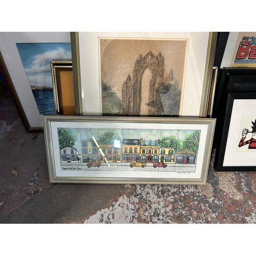 300 - Ten framed pictures to include Phyllis Hindle oil pastel dated 1974, David Willis ink and watercolou... 