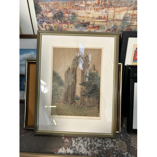 300 - Ten framed pictures to include Phyllis Hindle oil pastel dated 1974, David Willis ink and watercolou... 