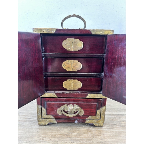 646 - A Chinese hardwood, brass and nephrite jewellery cabinet