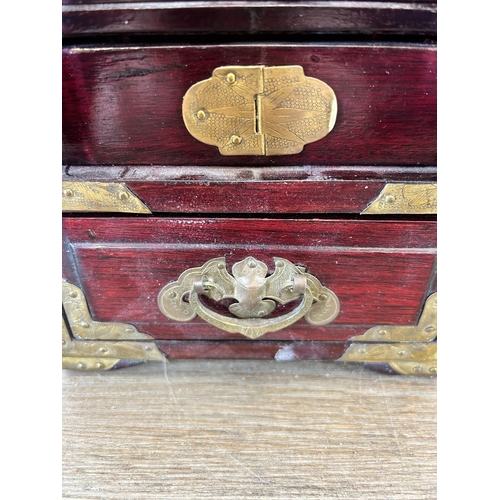 646 - A Chinese hardwood, brass and nephrite jewellery cabinet