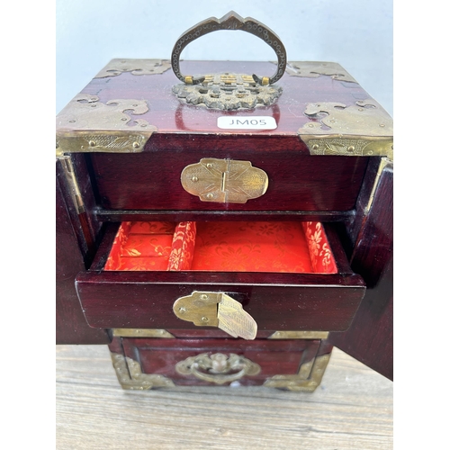 646 - A Chinese hardwood, brass and nephrite jewellery cabinet