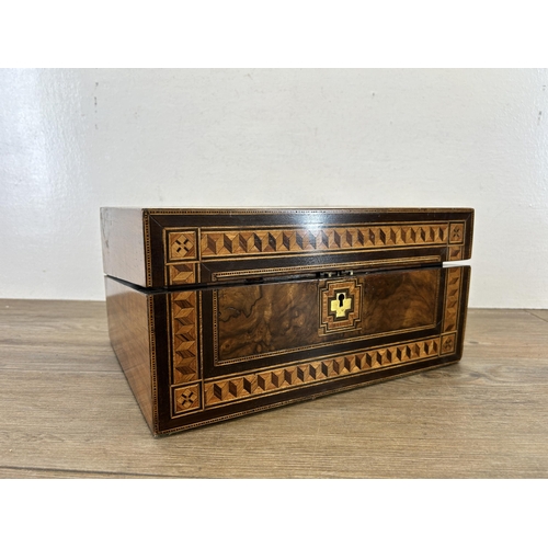 651 - A 19th century burr walnut and marquetry inlaid writing slope with leather insert and inkwell