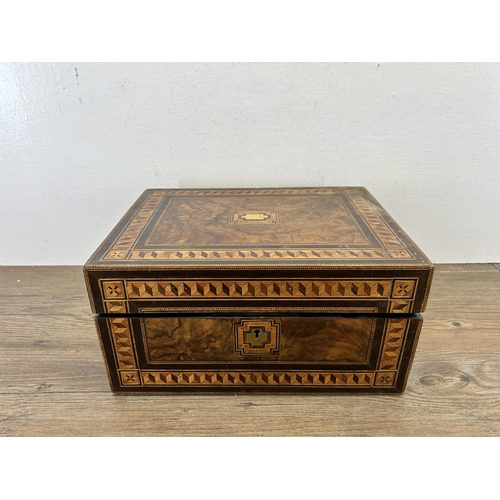 651 - A 19th century burr walnut and marquetry inlaid writing slope with leather insert and inkwell