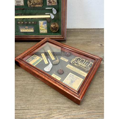 664 - Three cased golfing related items, one trinket box and two wall hangings